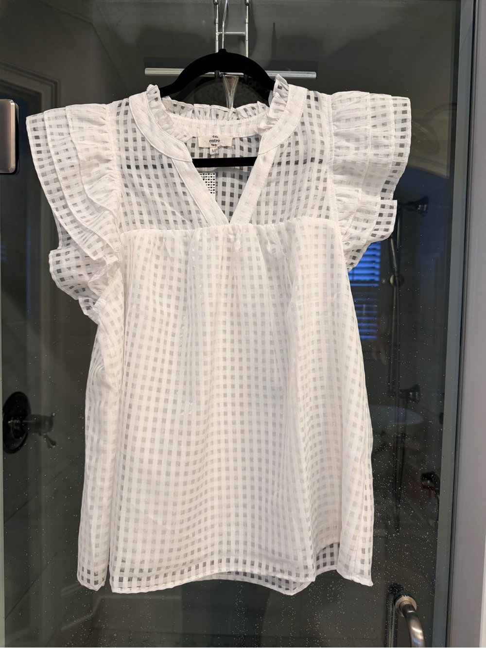 entro White Checked Ruffle Sleeve Blouse